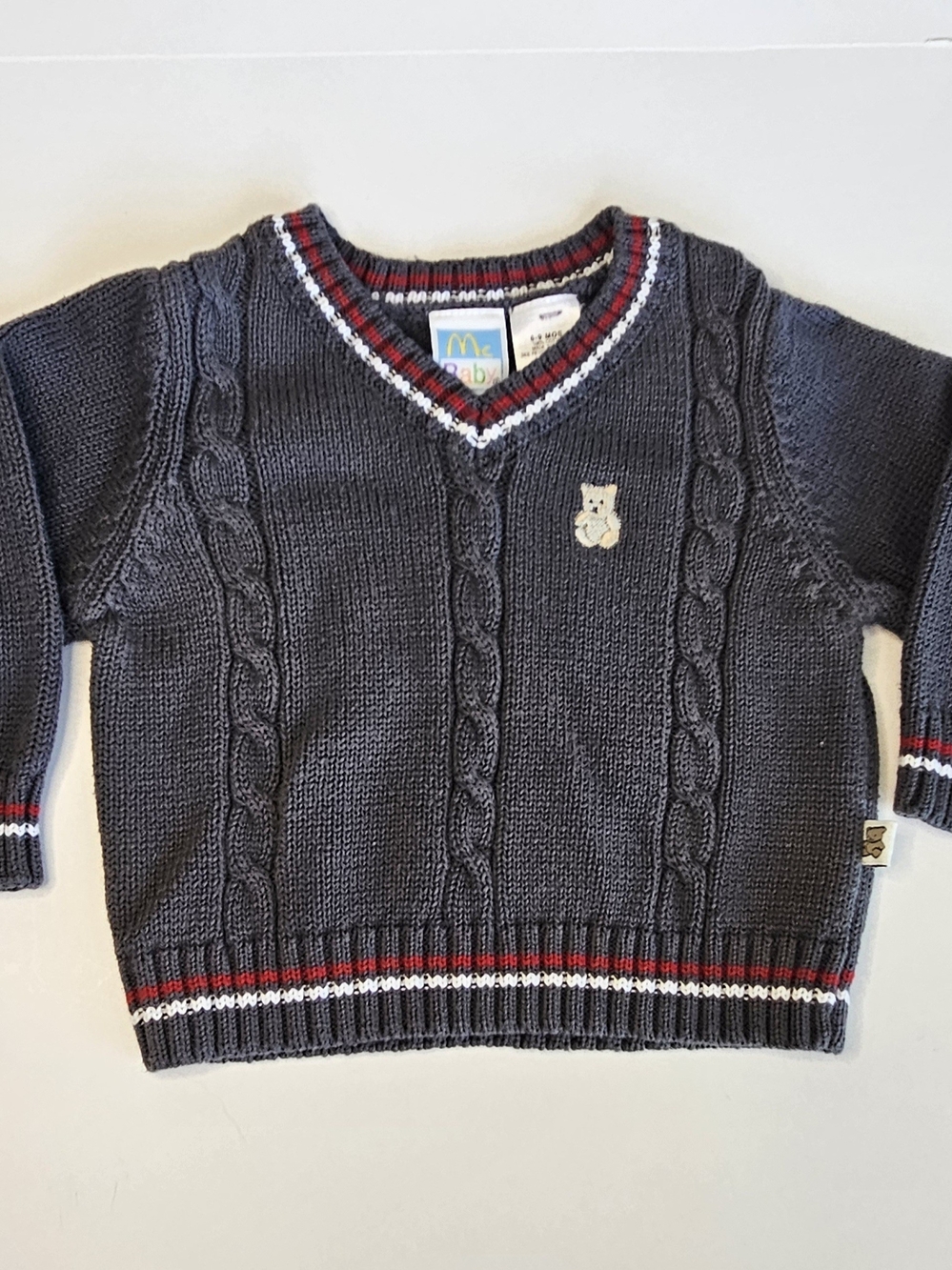 McBaby Vintage Cable Knit Bear Sweater V-Neck Grey 6-9M